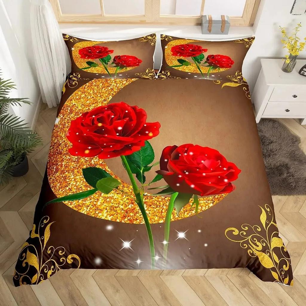 Rosen Bettbezug Set Rote Rose Floral Bettwäsche Sets Blume Schmetterling Bettdeckenbezug für Frauen Modern Fashion Marmor Steppdeckenbezug