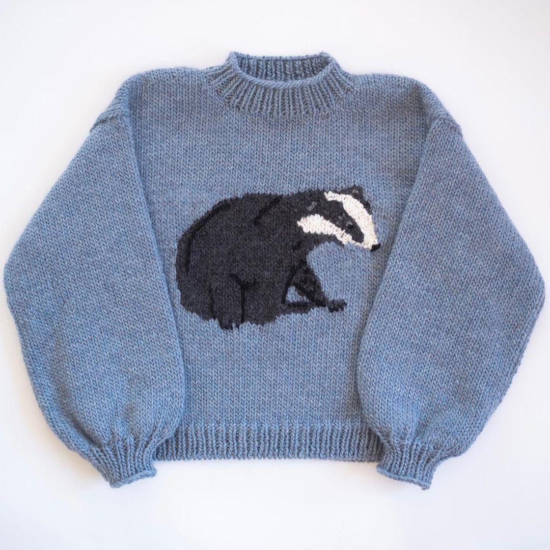 

Y2K круглый вырез с длинными рукавами жаккардовый узор с животными Харадзюку ретро вязаный свитер уличная одежда высокая уличная одежда M