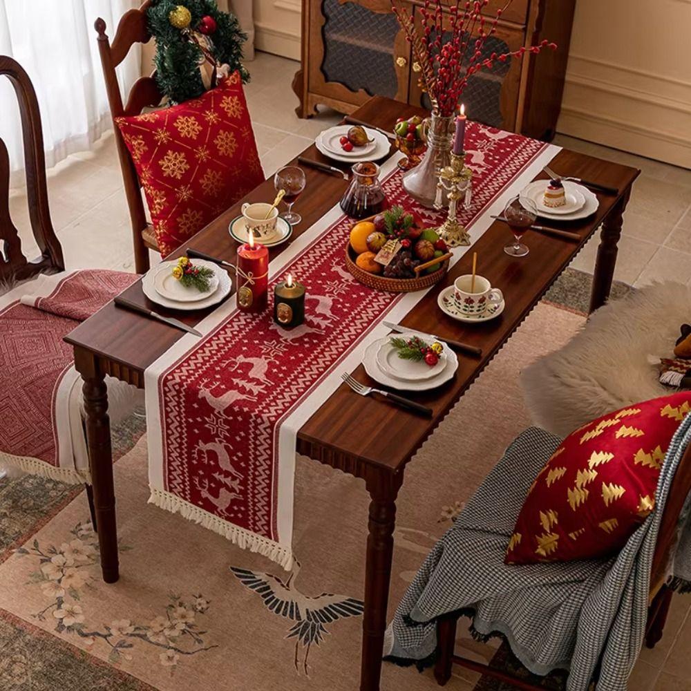 Rectangle Christmas Table Runner Red Elks Tablecloth Durable Table Cover  Coffee Table