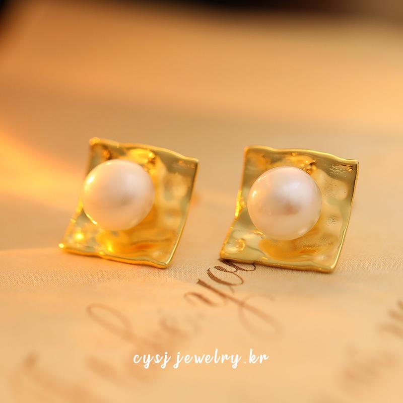 Cui Yan S925 Sterling Silver Square Pearl Stud Earrings - Geometric Minimalist Korean Style for Women 925 Silver