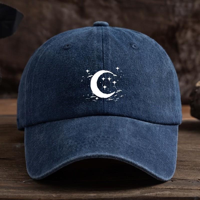 Moon and Star Washed Baseball Cap Celestial Print Adjustable Outdoor Sun Hat One Size