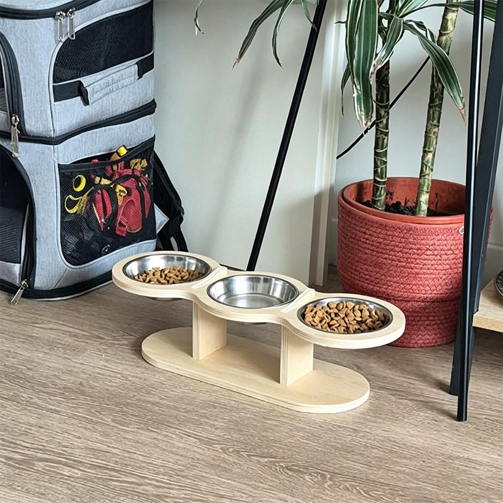 3-in-1 Elevated Pet Feeder Wooden Raised Stand with 3 Stainless Steel Bowls Neck Protection Food Water Dish for Cats Small Dogs