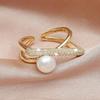 Trendy Gold Twisted Open Ring With Paved Crystals & Imitation Pearl Elegant Luxury Statement Jewelry for Women