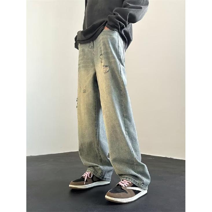 Herren-Jeans im Retro-Stil, gewaschen, Vintage, weites Bein, lockere, gerade Beinform, lässig, vielseitig, lange Hängehose