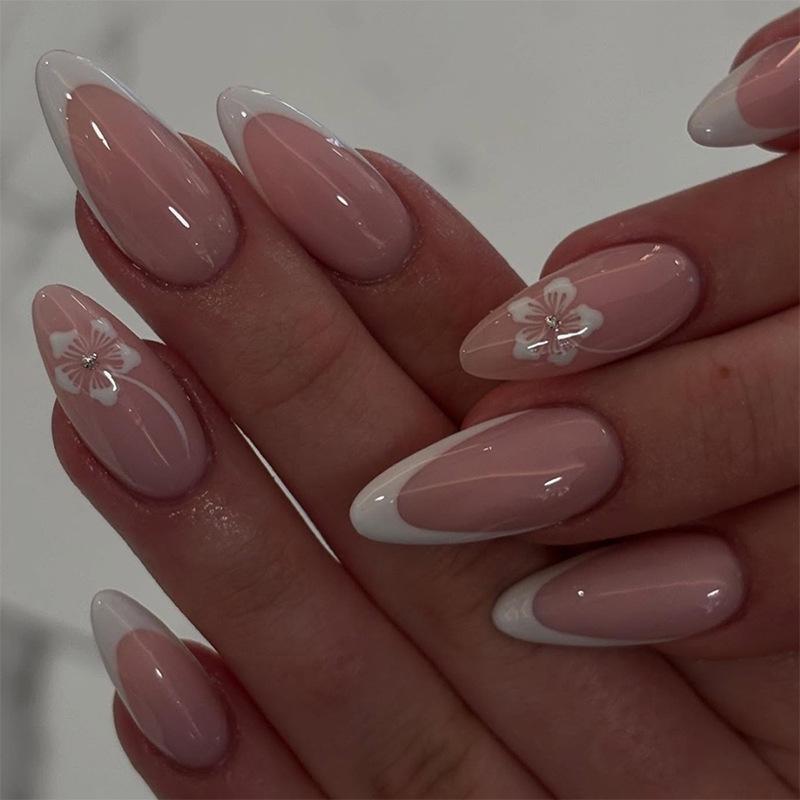 

French Flowers Pure Desire Medium Almond White Removable Wearable Nails