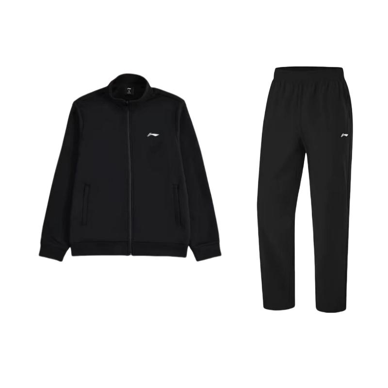Li Ning Logo Stand Collar Loose Long Sleeve Elastic Waist Long Pants Casual Sports Suit Men suit Black AYKT527-1+AWDT609-1