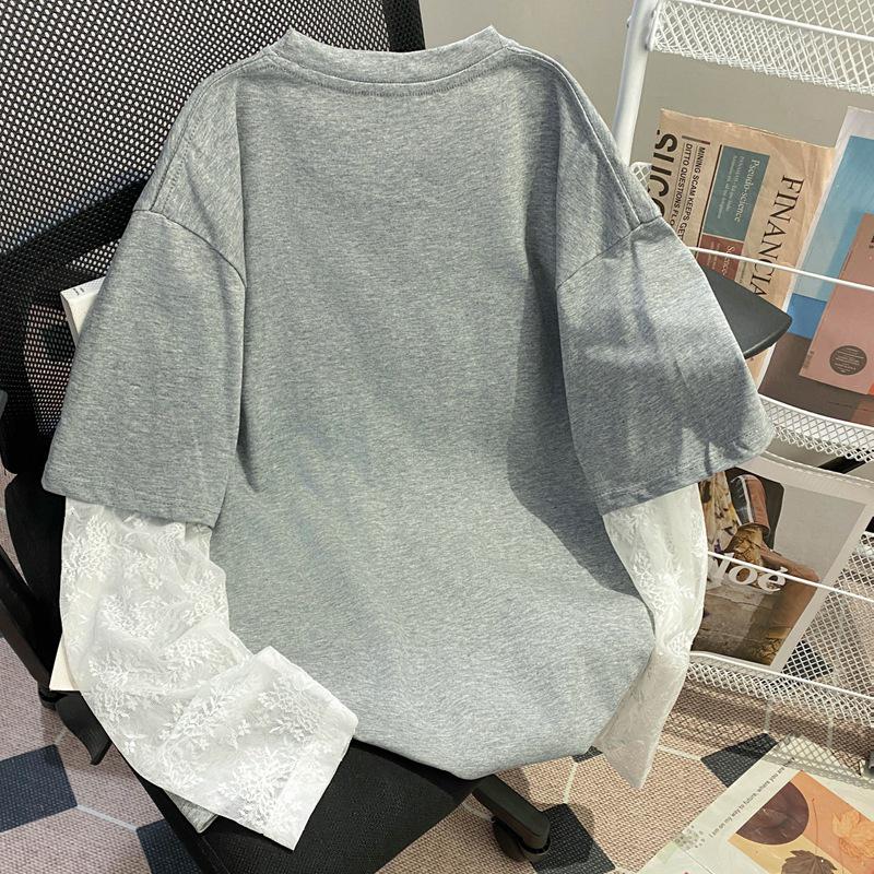 Plus Size Sequin Embroidered Mesh Two-Piece Cotton T-shirt