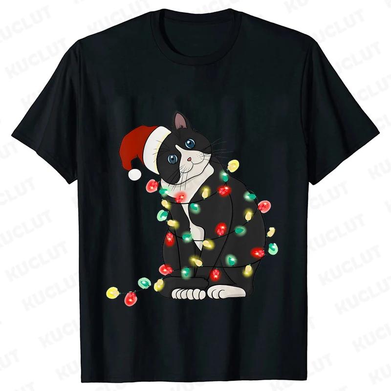 Fashion Trendy T Shirt Short Sleeve Tees for Unisex Funny Christmas Lights Cat T Shirts Female Korean Casual Streetwear Tshirt