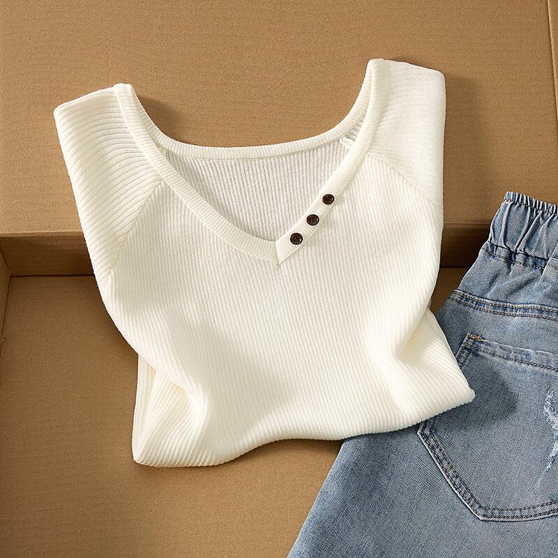 Damen V-Ausschnitt Strick-T-Shirt aus Wollmischung und Eis seide