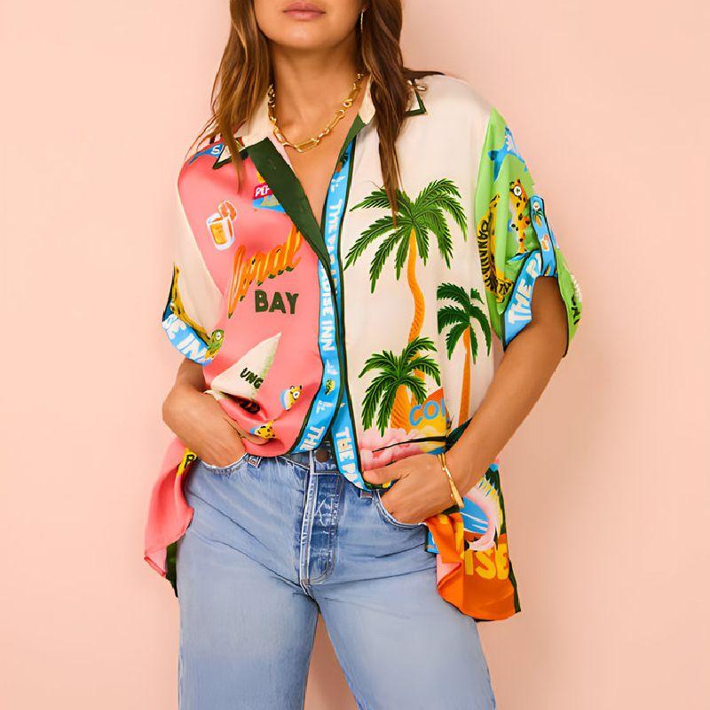 

2024 New Arrival Fashion Graffiti Printing Satin Short Sleeve Lapel Shirt + Pants Casual Two-Piece Suit Tops S