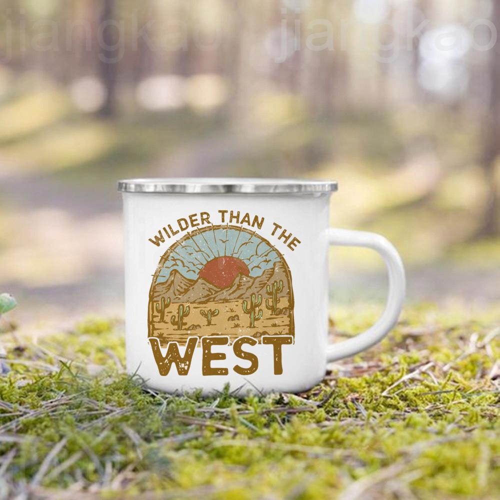 West Cowboy Printed Camper Mugs Camping Enamel Mug Adventure Campfire Party Beer Juice Cup Gifts for Camper Best Gift for He Her