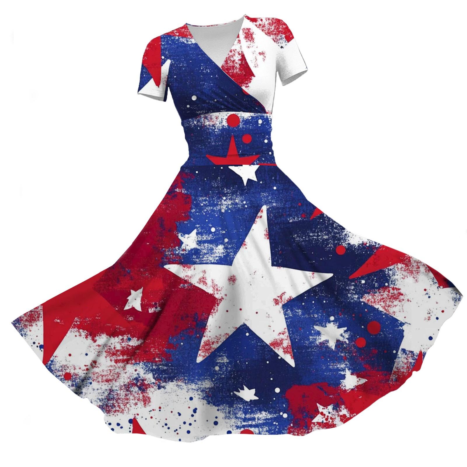

Women s Princess Dress Sexy V-neck Independence Day Print Draw-waist Pleated Short-sleeved Dress XL винний
