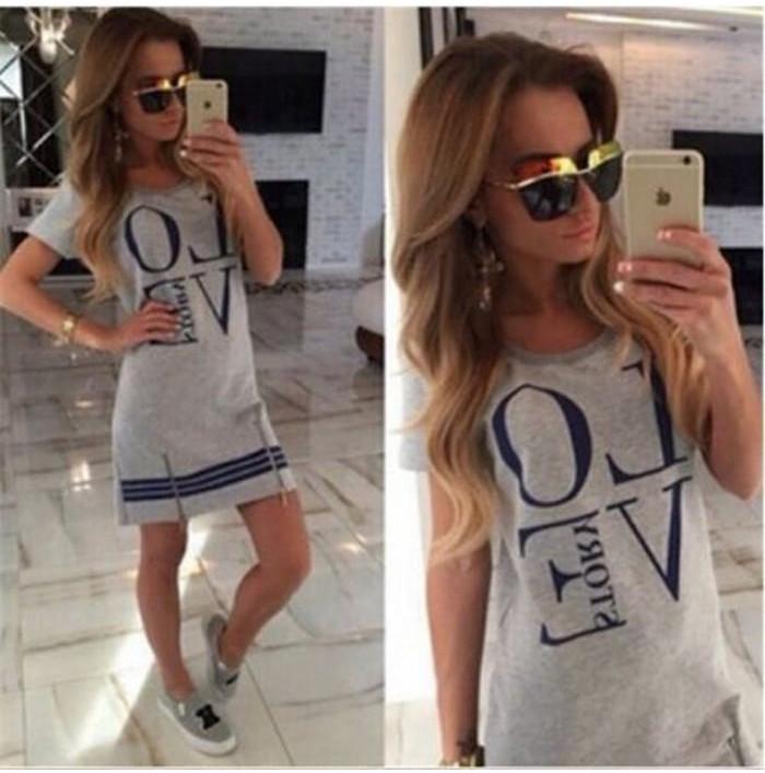 Elegant Sports Women Letter Love Printed Long T-shirt One-piece Casual Dress Zipper