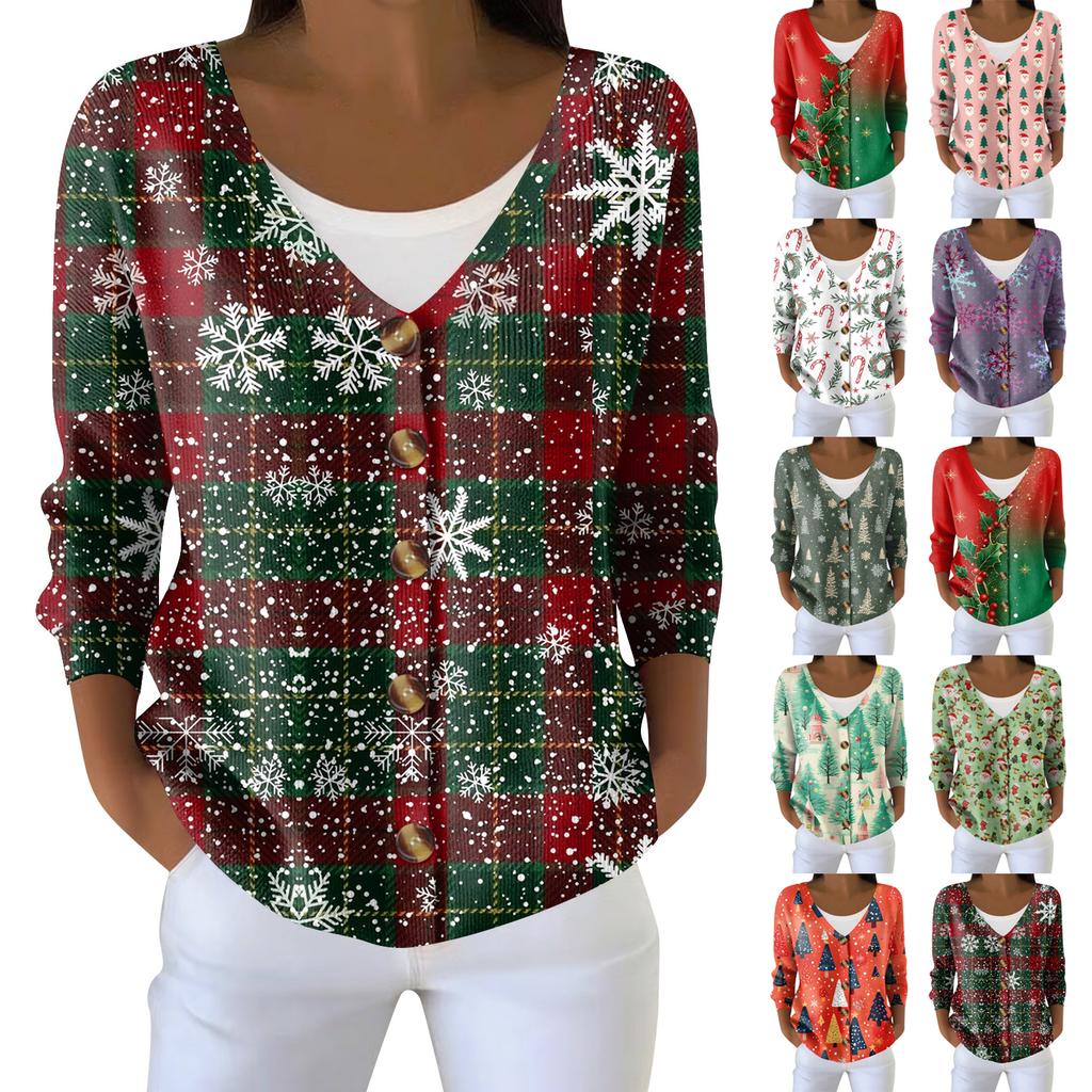 Damenmode Langarm Weihnachten Schneemann Schneeflocke Druck Jacke Strickjacke