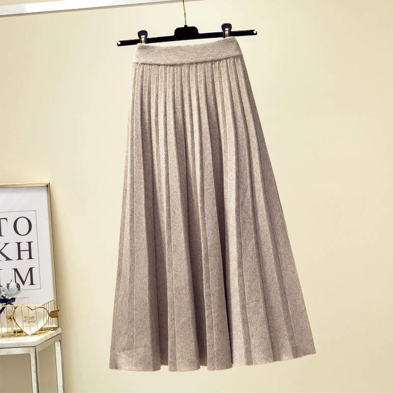 Autumn and Winter High Waisted Knitted Skirt for Women Mid Length Pleated Skirt