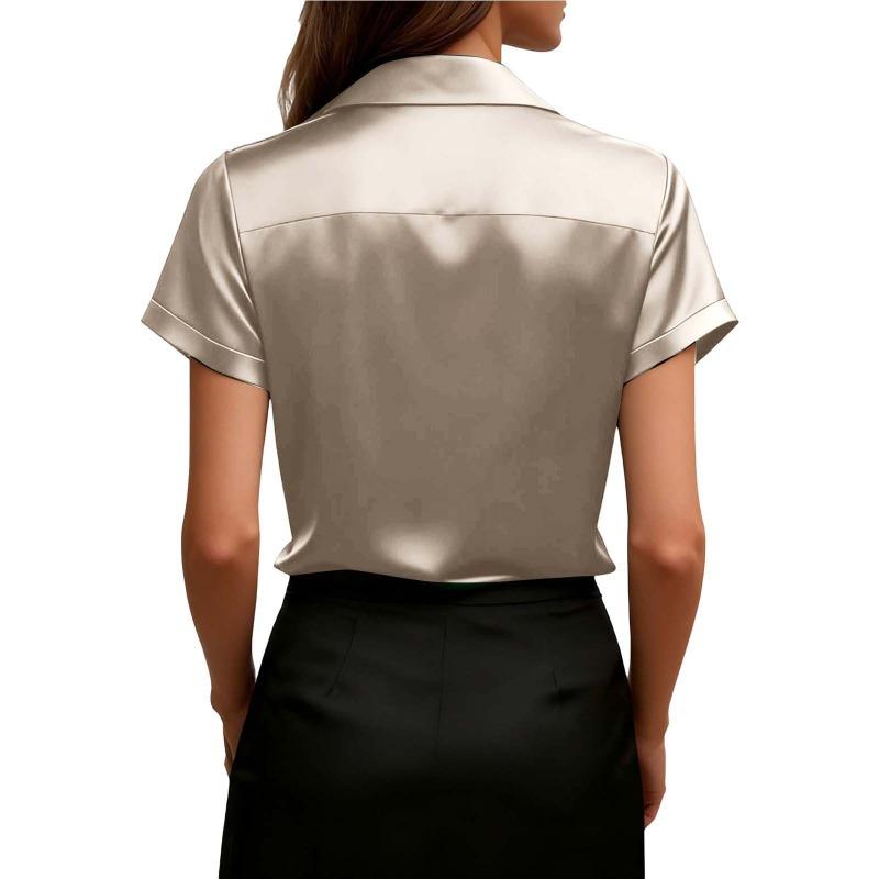 Damen Satin Schalkragen Bluse Kurzarm mit Kragen Lässig Elegant Täglich Büro Arbeitskleidung Basic Oberteil