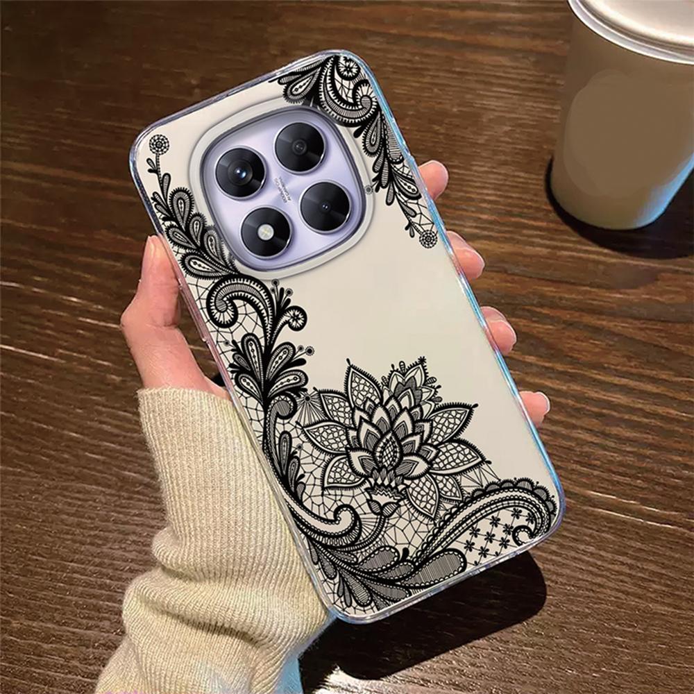 Romantic Lace Pattern Phone Case For Xiaomi Redmi Note 14 Pro 14C 6.88" Transparent Clear Shockproof Flower oil Painting Cover