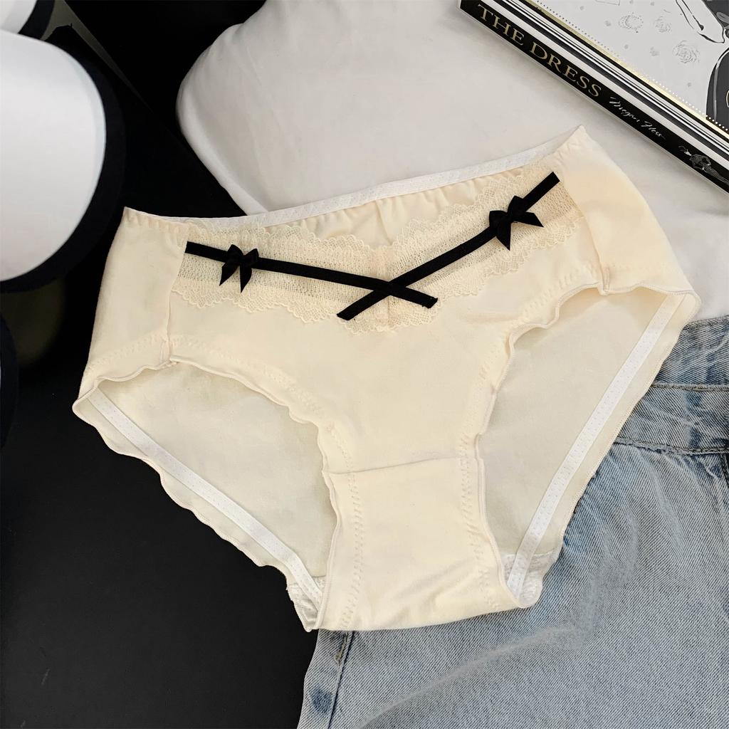 Women Sweet French Style Lace Solid Antibacterial Mid Waist Cotton Panties