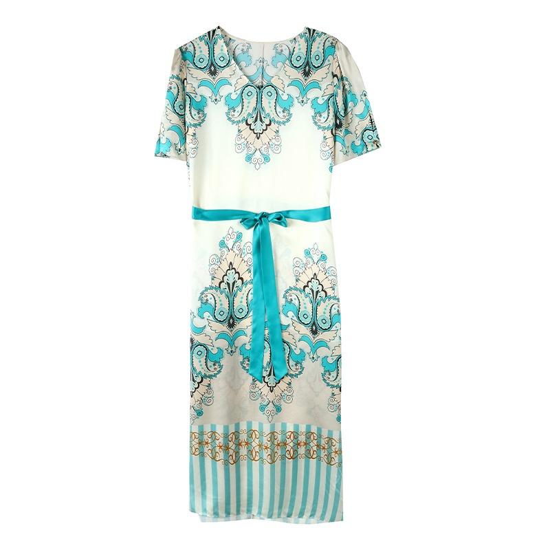 Floral Print V-neckline Dress In Silk with Short Sleeves and Waist Belt