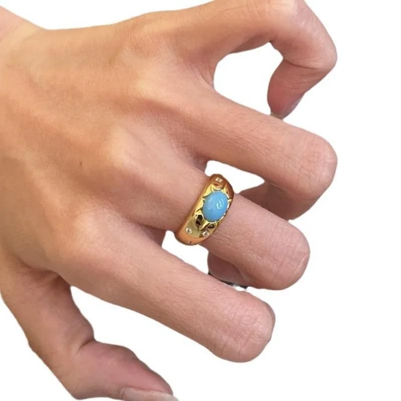 Vintage Turquoise Rings for Women Exquisite and Simple Light Luxury Fashion Zircon Inlay Blue Glossy Ring Fine Zircon