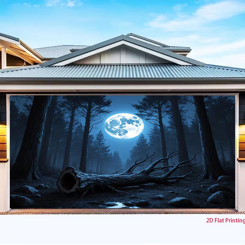2D Full Moon Forest Banner, Dark Blue Night Woods with Fallen Tree