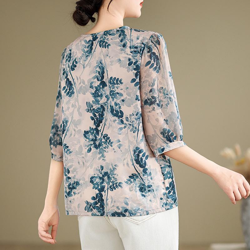 T-Shirt mit kurzen Ärmeln im Western-Stil in großer Größe für ältere Frauen mittleren Alters Frühling Sommer Chiffonhemd Oberteil Blusen & Hemden