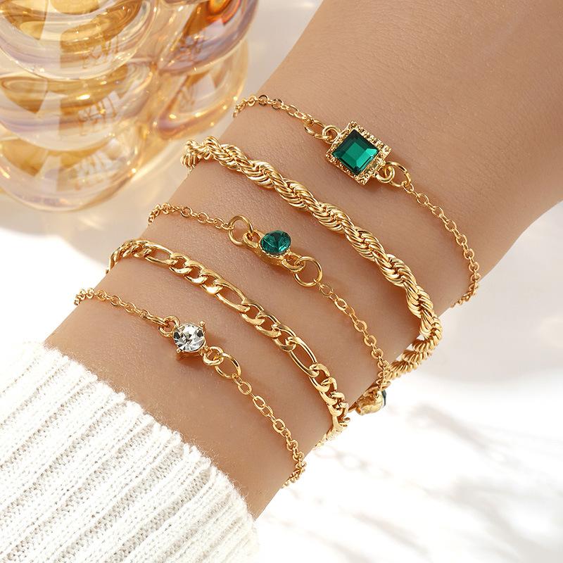 New bracelet set, diamond emerald bracelet, imitation gemstone square rhinestone retro temperament bracelet 1 piece