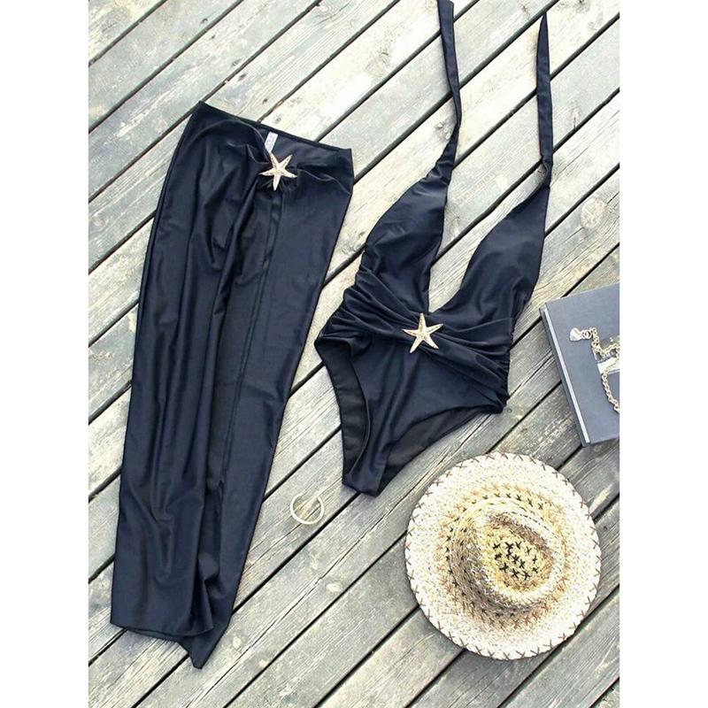 2 Piece Swimsuits for Elegant Women Starfish One Piece Bathing Suits with High Split Skirt Cover Ups Sexy Halter Bikini Sets