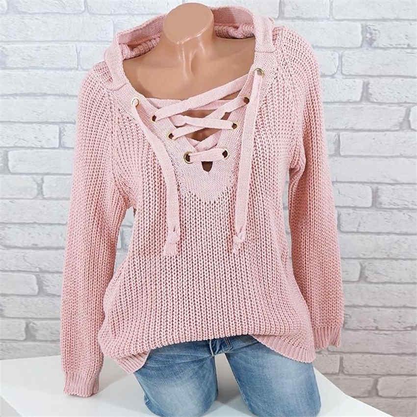 Women's Long Sleeve Hooded Pullover Fashion Autumn/Winter V-neck Sweaters Knitted Tops