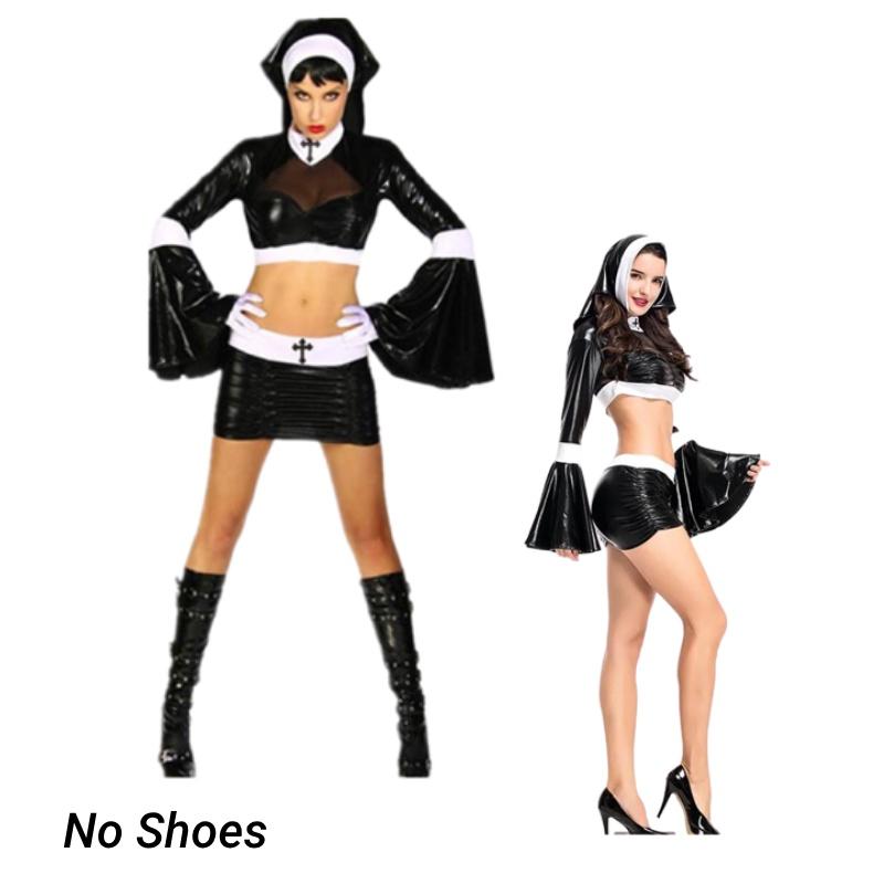 Coated Halloween Split Nun Sexy Cosplay Costume Set Black Skirt Perform Party