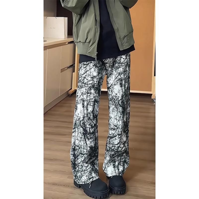 American retro ink tie-dye jeans design trendy brand slightly curved pants men's spring niche straight-leg pants