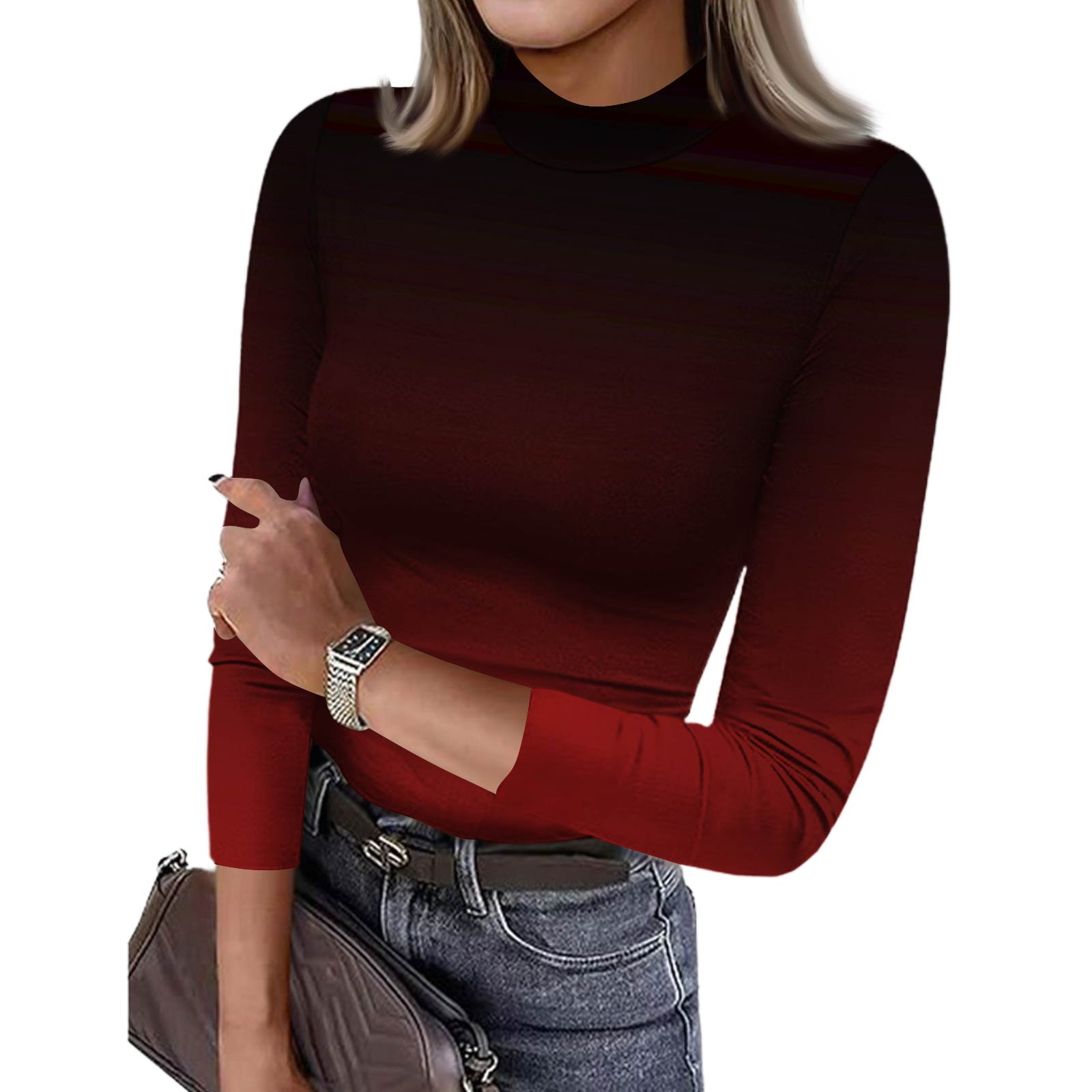 

Женская футболка с облегающим низом, модная повседневная, с градиентным принтом, с круглым вырезом, пуловер, топ с рукавом 3/4 XL винный