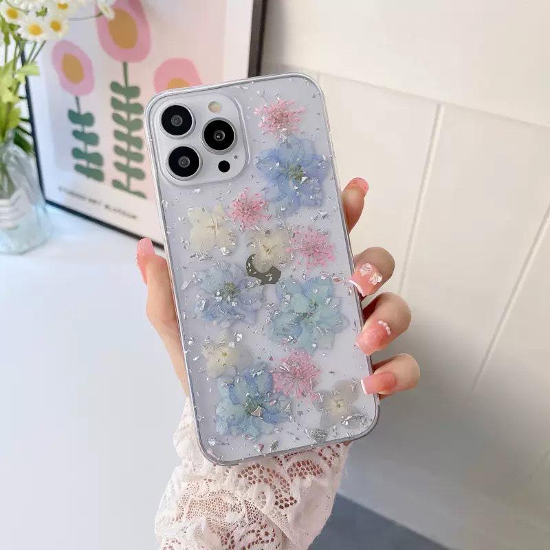 Custodia per cellulare con fiore in lamina d'oro per Apple 17 Promax Fiori veri per iPhone 16 Piccola e Fresca 15 Custodia Morbida