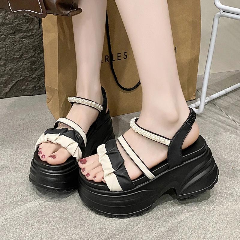 Fashion 8CM Summer Casual High Platform Sandals Women Buckle Strap Slippers Thick Bottom Pearl Sandalias Woman Chunky Casual Shoes Mujer