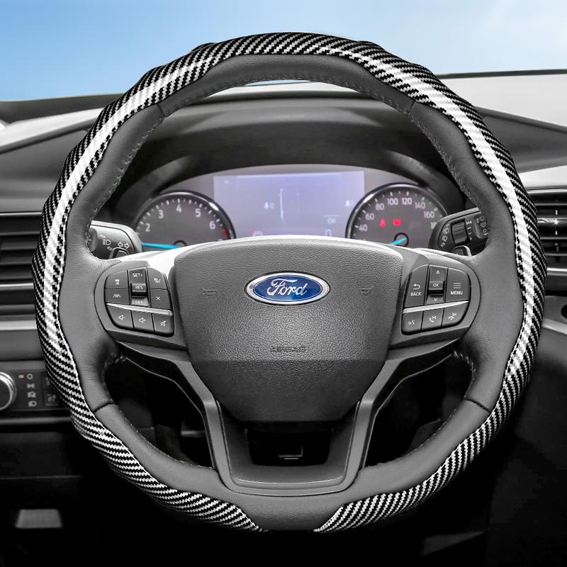 UYEG8 Suitable for Ford Carbon Fiber Texture Steering Wheel Cover with Snap-On Wave-Shaped Sport Design