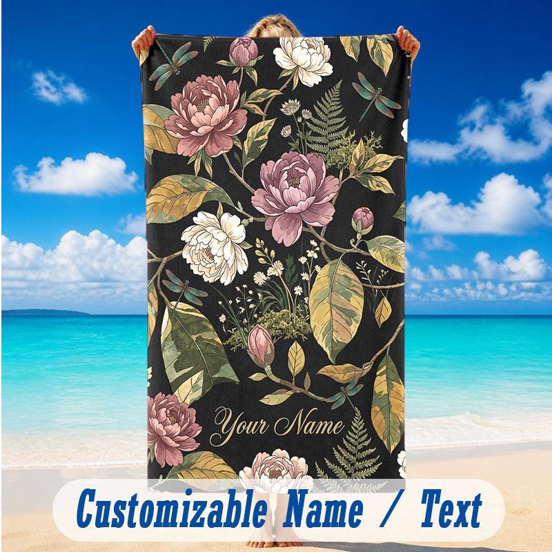 Floral Garden Theme Beach Towel Personalized Custom Name & Text Soft Quick Dry Beach Towel for Swimming Travel
