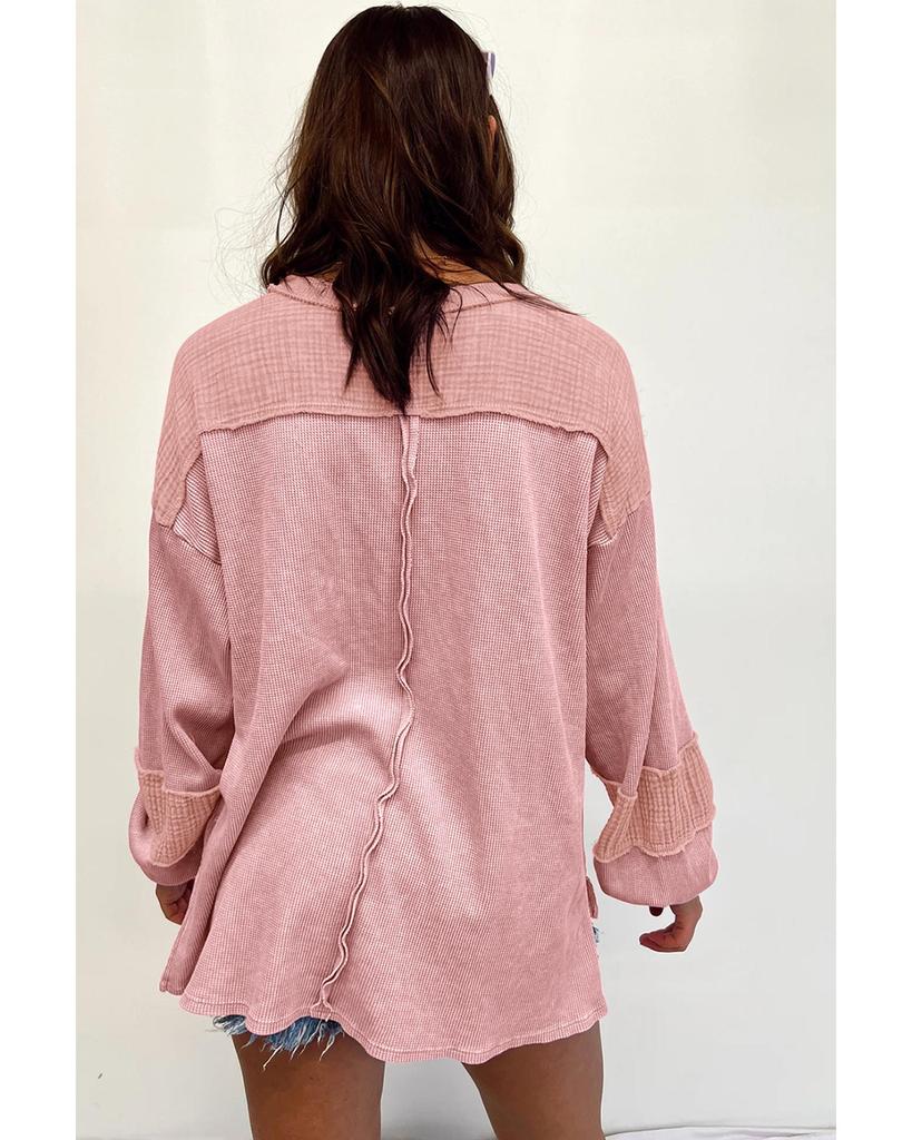 Azura Exchange Růžový top s vaflovým úpletem, patchworkem s odhalenými švy a balónovými rukávy