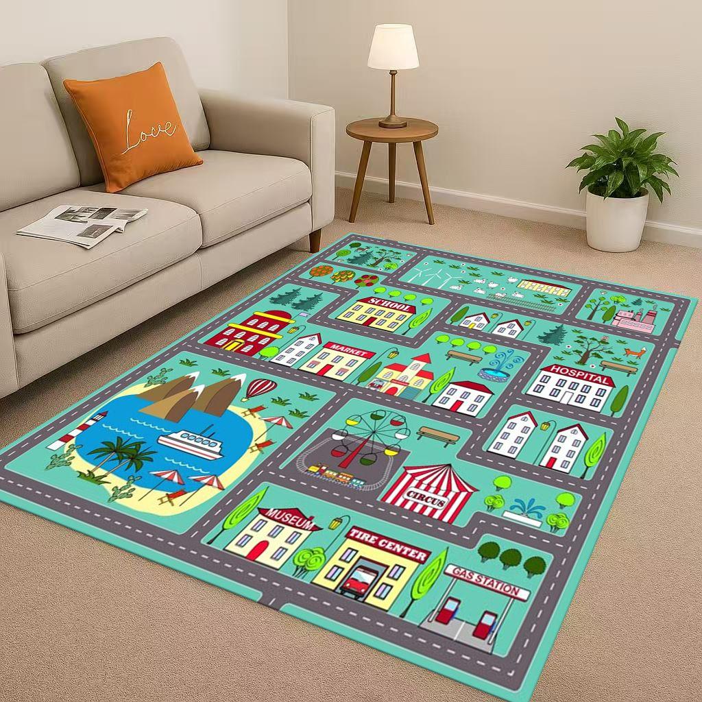 City Street Road Traffic Race Track Child Interaction Game Cartoon Living Room Kid Playroom Non-Slip Area Rug Carpet for Bedroom