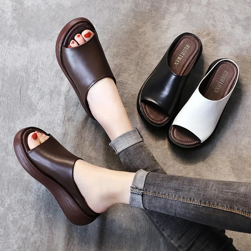 Fashion GKTINOO 2025 Ladies Genuine Leather Thick Sole Slippers Women Sexy High Heel Mules Clogs Peep Toe Platform Shoes Mother Sandals