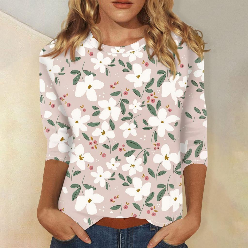 Women's Fashion Casual Three-quarter Sleeve Vintage Floral Print Round Neck Top