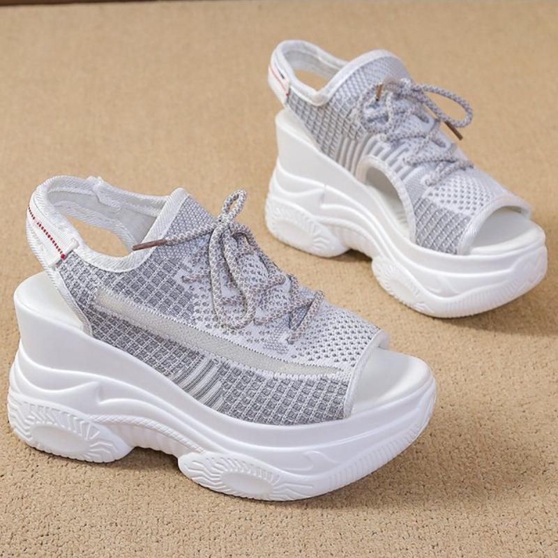 Woman Summer Sneakers Hollow Out Sandals Lace Up Fabric Sandal Outdoor Female Shoes Slope Heel Fish Mouth Women's Shoes Zapatos
