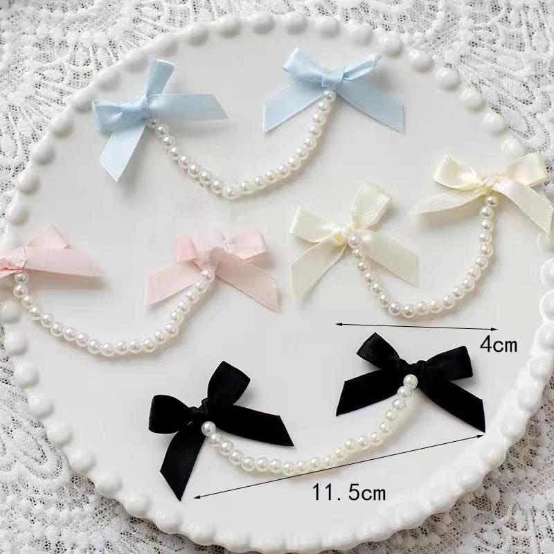 2Pcs Bows Pearl Chain Patch Accessories long streamers Ribbon DIY Lolita Dresses Clothing Accessories