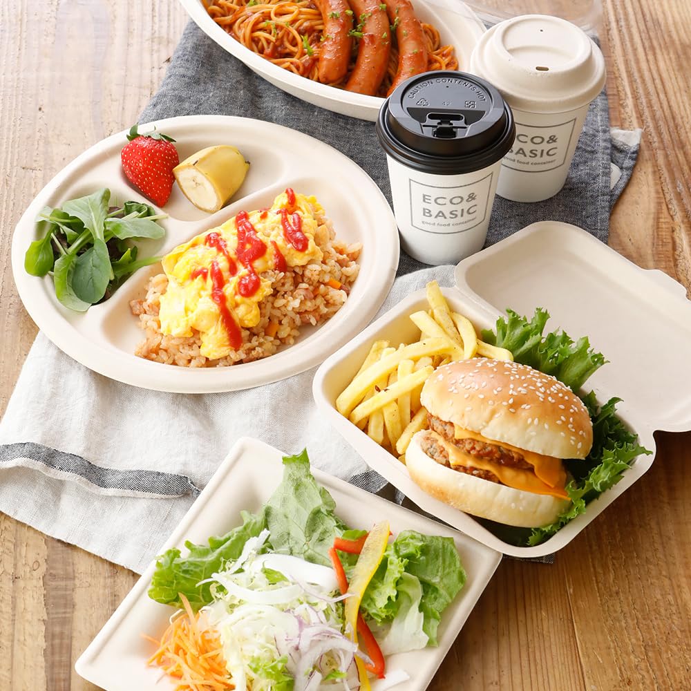 Disposable Lunch 600ml Pack of Commercial ECO&BASIC Boxes, Capacity, 50, Microwaveable, Takeout, Bagasse, Durable, Stain-Resistant, Eco-Friendly,