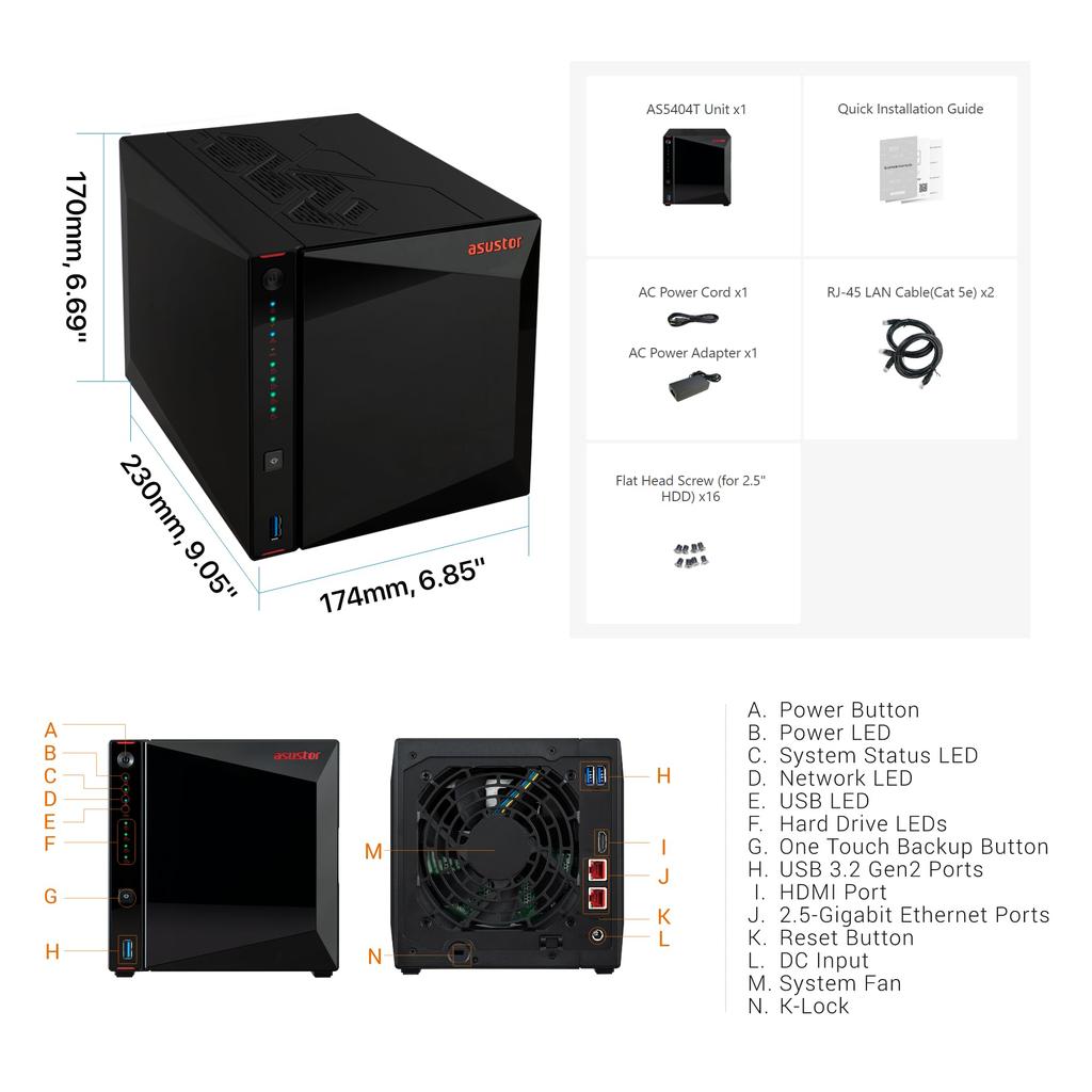 ASUSTOR ASUS Subsidiary NAS Kit 4 Bay AS5404T Nimbustor 4 Gen2 NvMe SSDx4 Slot Intel Celeron N5105 Quad Core High Speed Port DDR4 4GB Memory HDMI