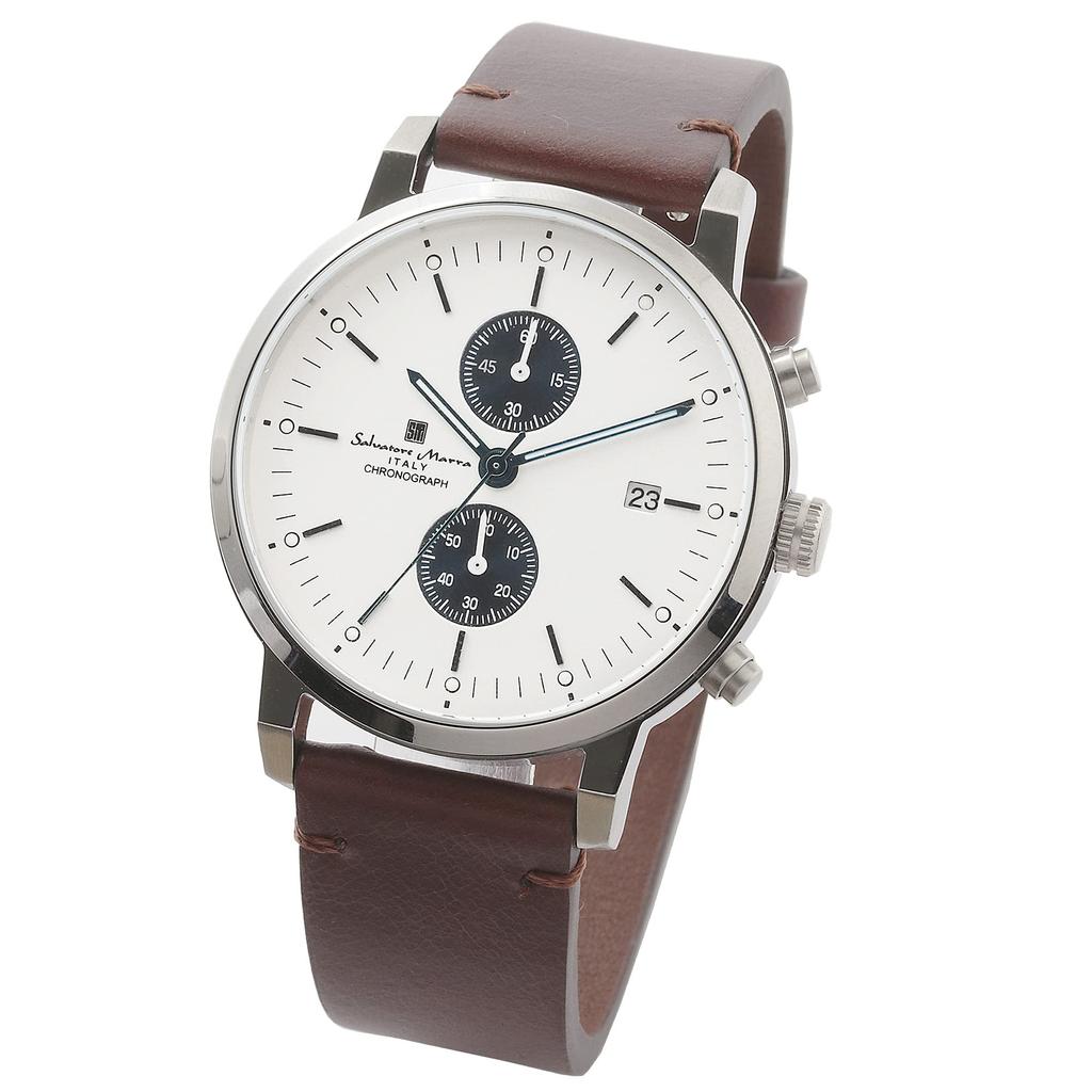 Salvatore Marra Unisex Slim Analog Quartz Leather SSWH Watch, Simple, Movement, Chronograph, Strap, Silver/White,