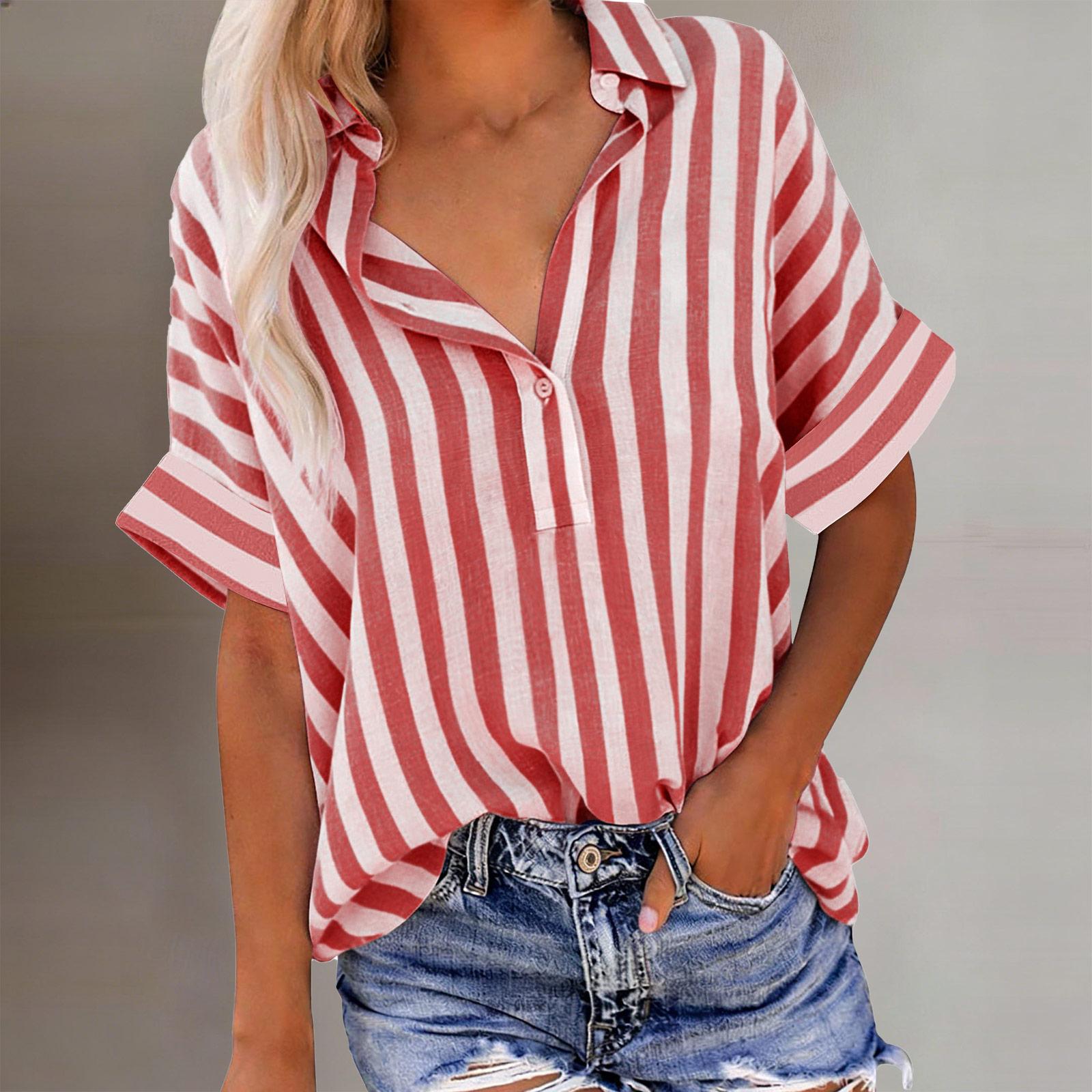 

Women s Fashion Striped Short-Sleeved Shirt: Comfortable And Breathable Cotton-Linen Blend Casual Loose-Fit Top M червоний