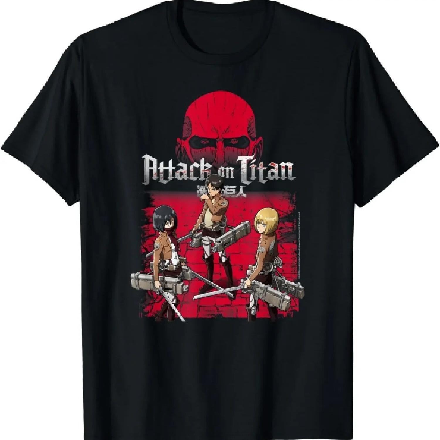 

Attack on Titan 3 Main Characters Red Background T-Shirt Men Clothing Anime Clothes Tops Harajuku Camisetas XXXXXL