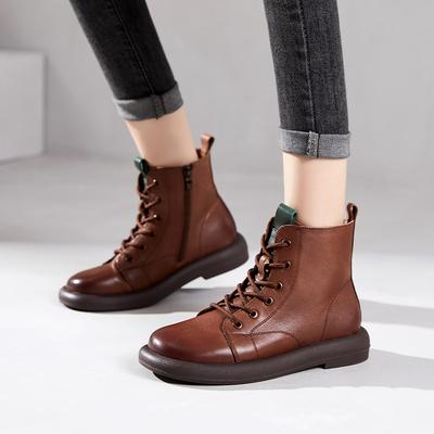 The First Layer of Cowhide Short Boots for Women In the Autumn and Winter of 2025, the New Retro Polished Leather Flat-bottomed Lace-up Martin Boots