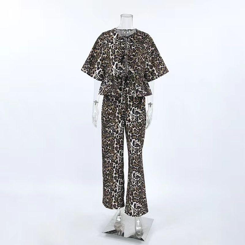 

Fashion Wind Leopard Print Ruffles Top and Trousers Suit Leopard Print Top and Pants Set Leopard print L