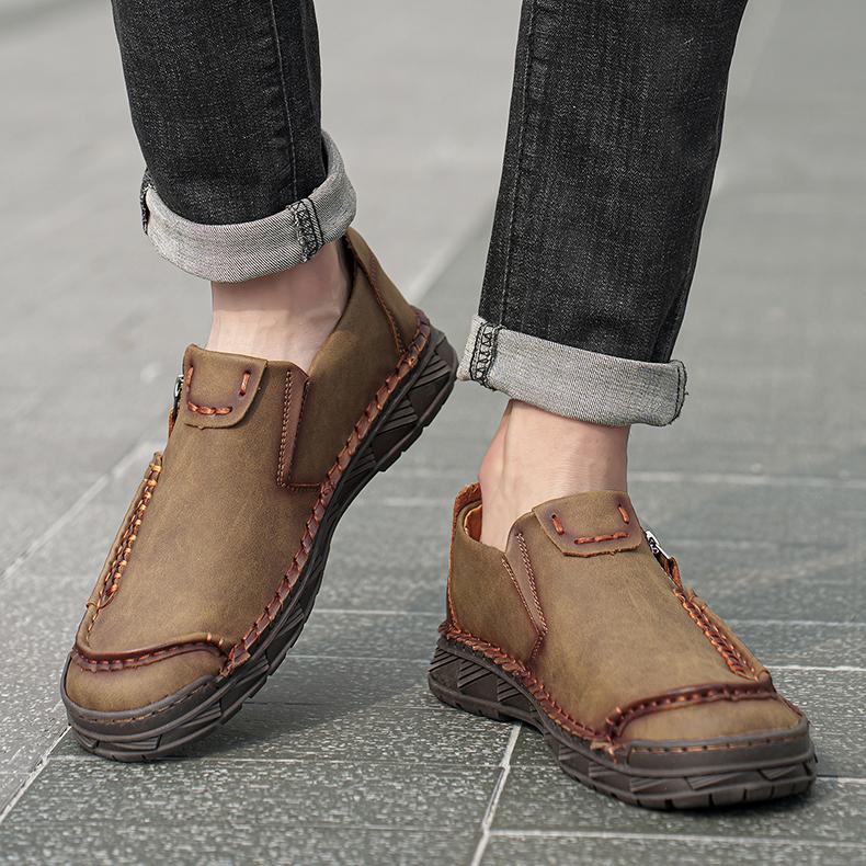 Men's Leather Boots Zipper Low Top Casual Shoes Outdoor Driving Handmade Shoes 39-48